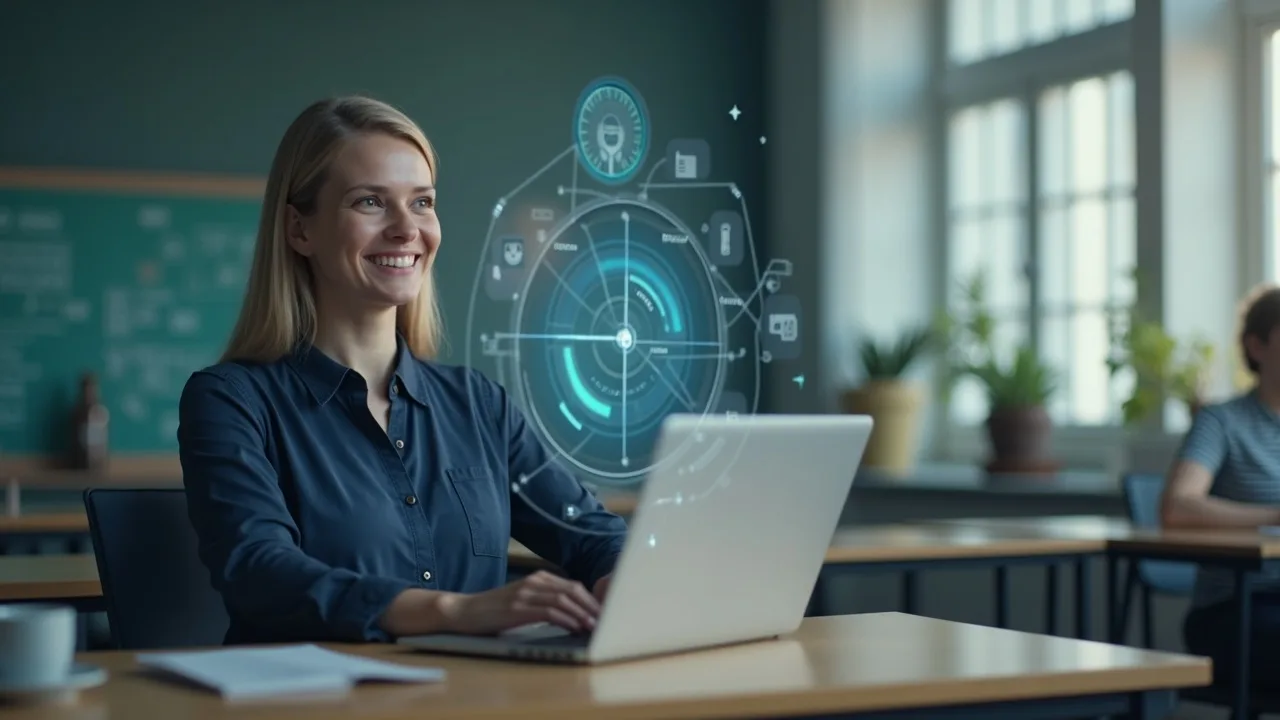 Teacher working at a laptop with a holographic AI interface in a classroom