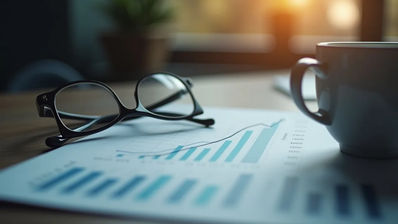 Rising interest-rate chart, reading glasses, and coffee on a desk