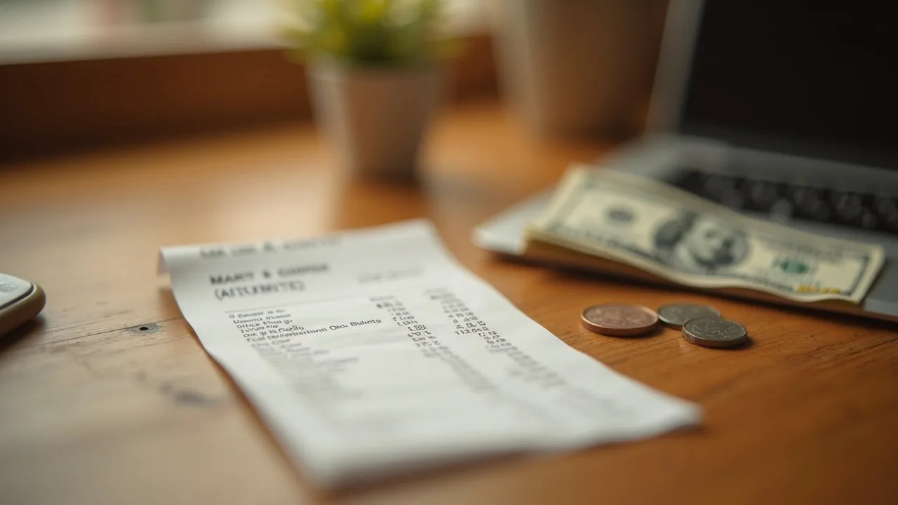 Grocery receipt, cash, and coins on a kitchen table